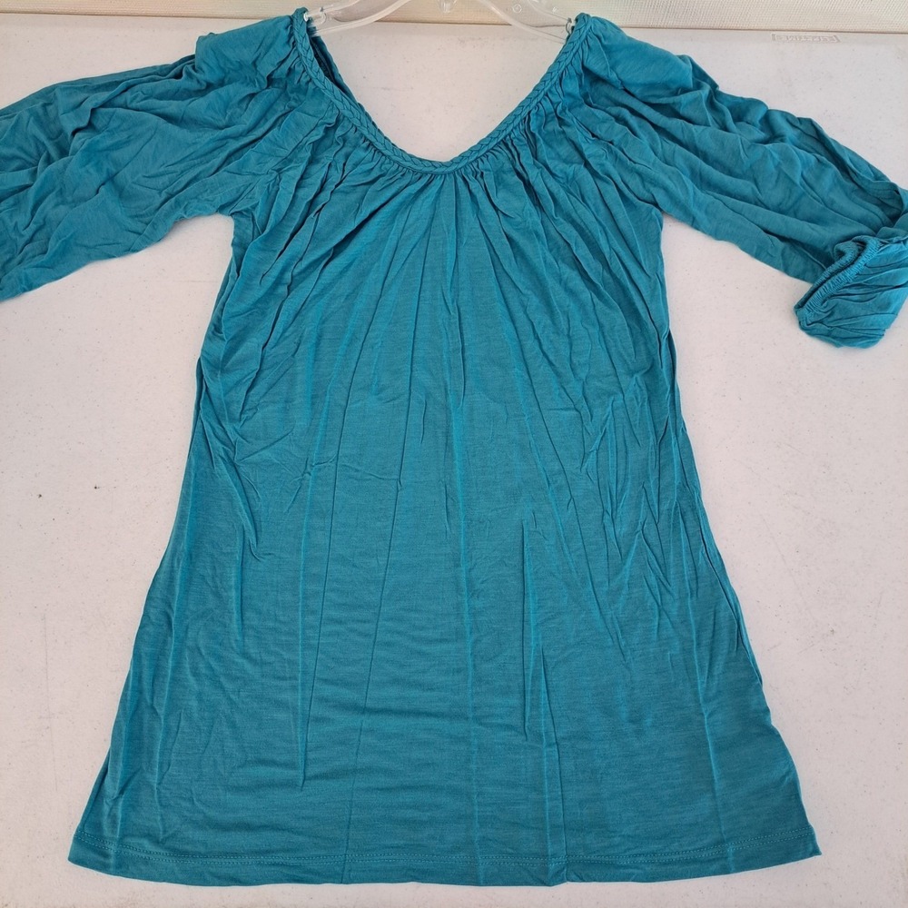 Jordache Womens M Tunic Top 3/4 Sleeve Braided Neck Turquoise NWT 1418-325